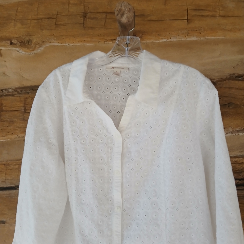 JM Collection White Eyelet 3/4 Sleeve Button Down Cotton Shirt Size 18 - Picture 2 of 8